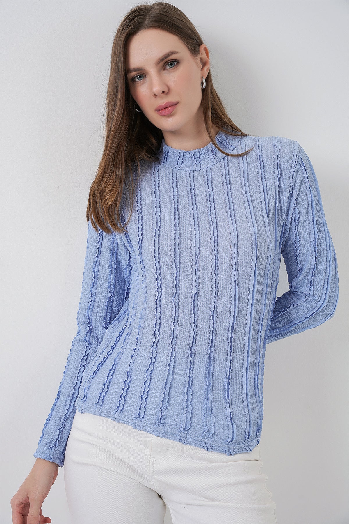 Bluză din tricot elastic texturată pentru femei 975 - Albastru