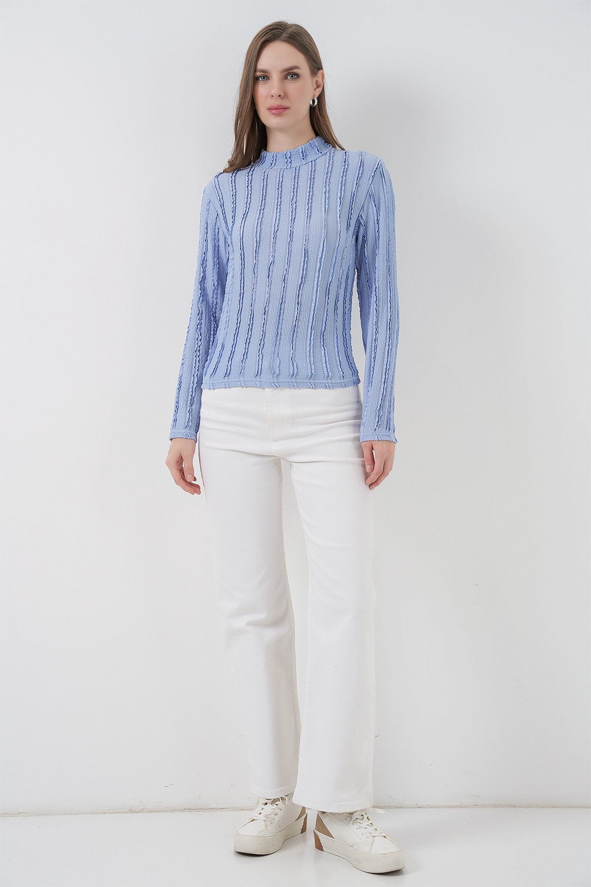 Bluză din tricot elastic texturată pentru femei 975 - Albastru