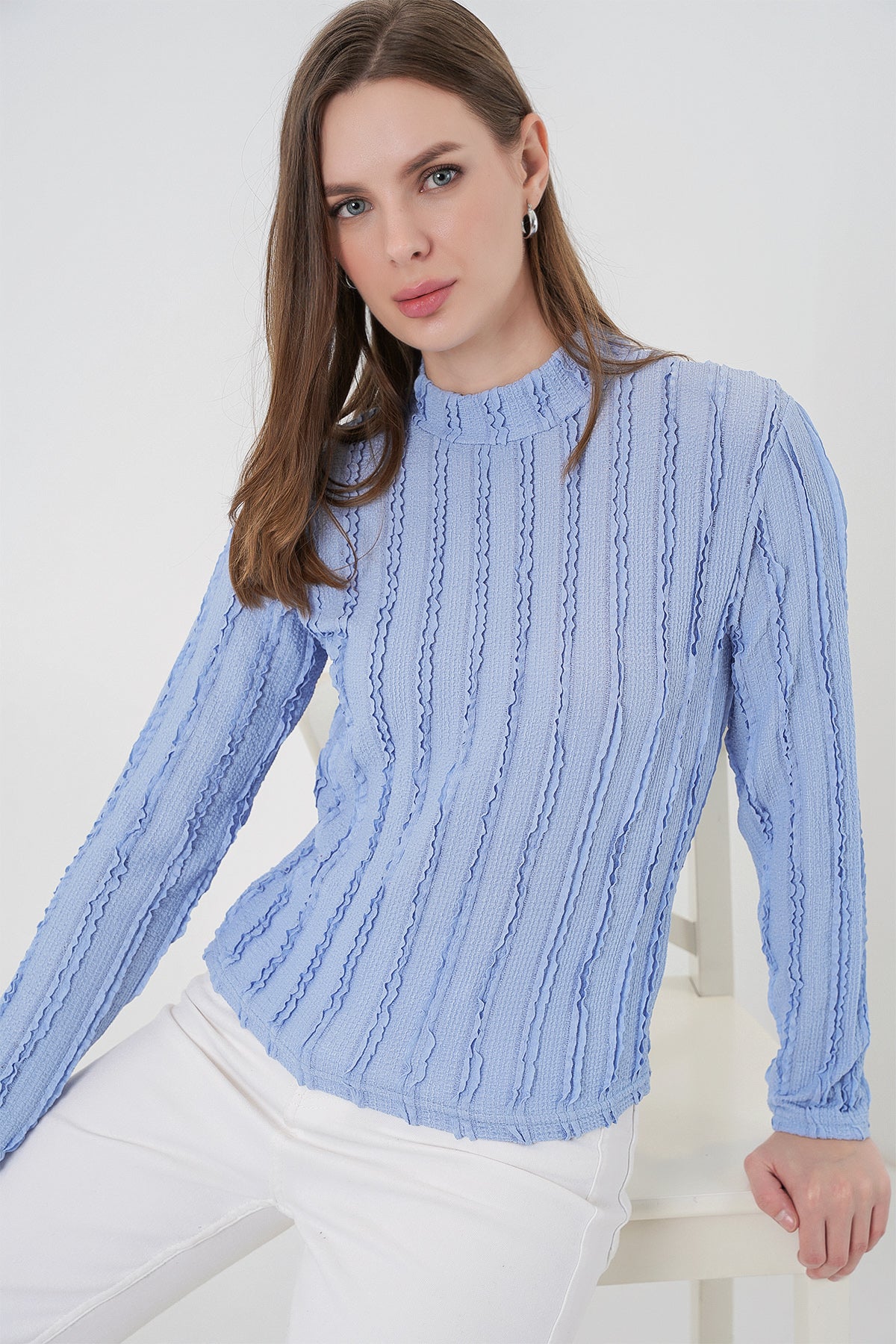 Bluză din tricot elastic texturată pentru femei 975 - Albastru