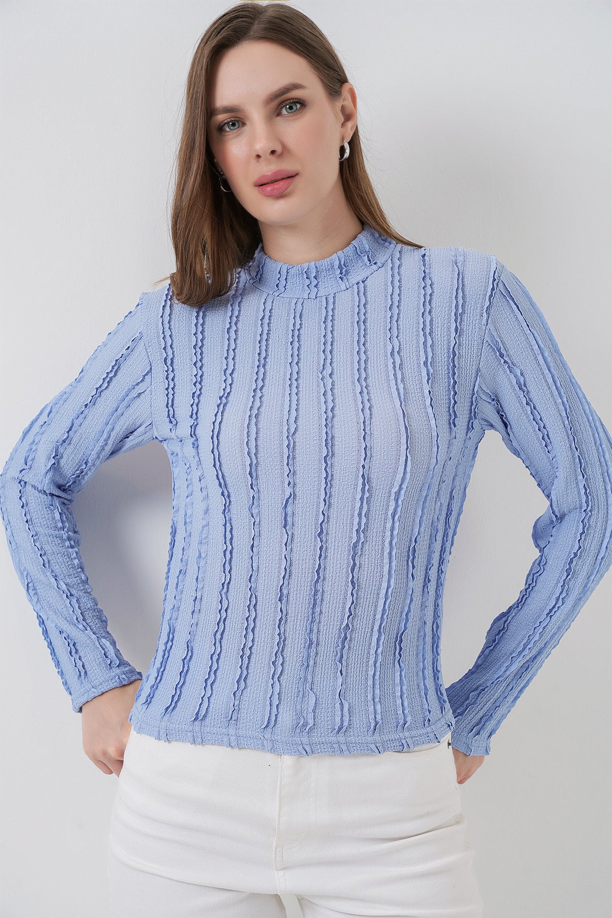 Bluză din tricot elastic texturată pentru femei 975 - Albastru