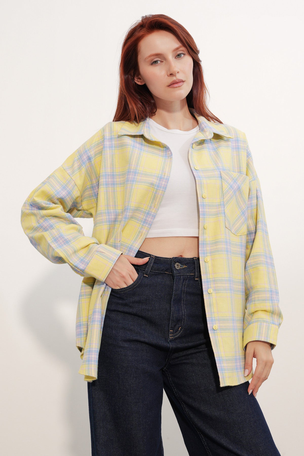 Kadın Ekose Desen Oversize Oduncu Gömlek 3854 - A.Yeşil