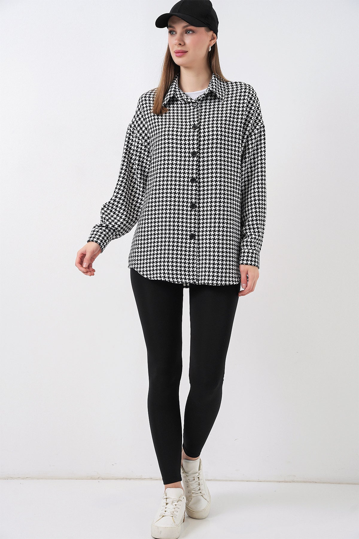 Kadın Kazayağı Desen Oversize Gömlek 3854 - Siyah - Beyaz