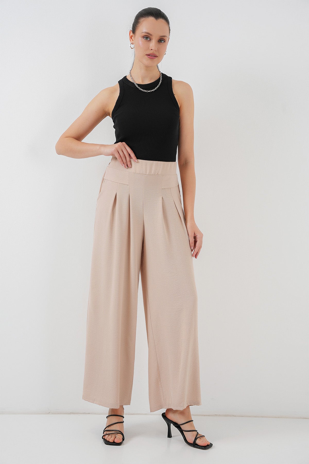 Pantaloni plisati cu crac lat pentru femei 6718 - Crem