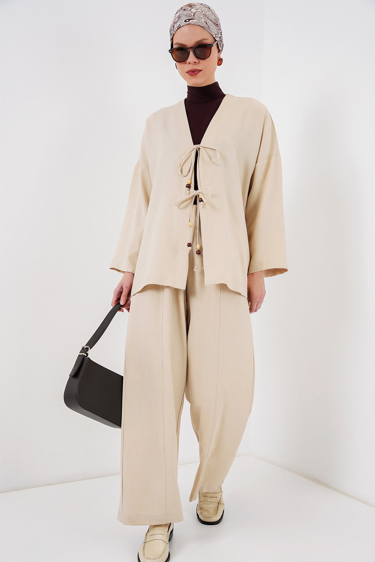 Costum Kimono Linen Damă Dublu 6727 - Crem