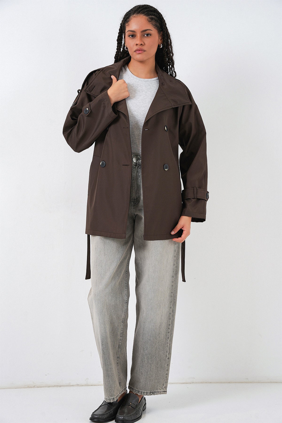 Women's Double-Breasted Short Trench Coat 5980 - Brown