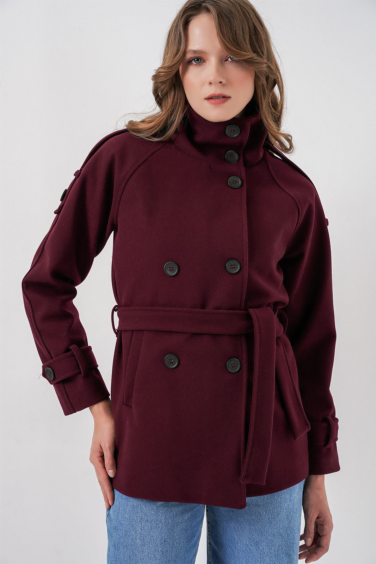 Kadın Kuşaklı Kaşe Kaban 9162 - Bordo