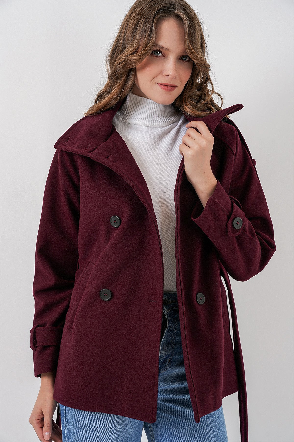Kadın Kuşaklı Kaşe Kaban 9162 - Bordo