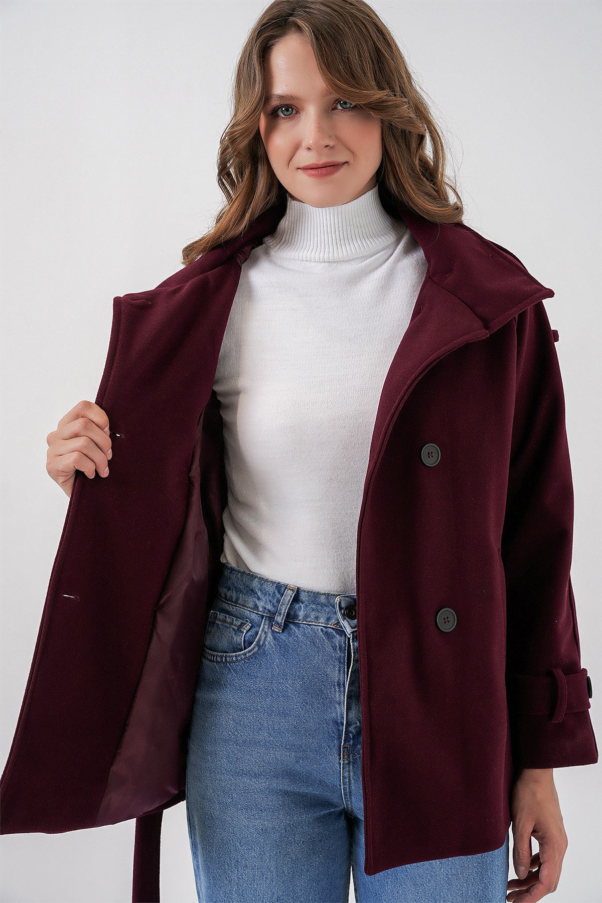 Kadın Kuşaklı Kaşe Kaban 9162 - Bordo