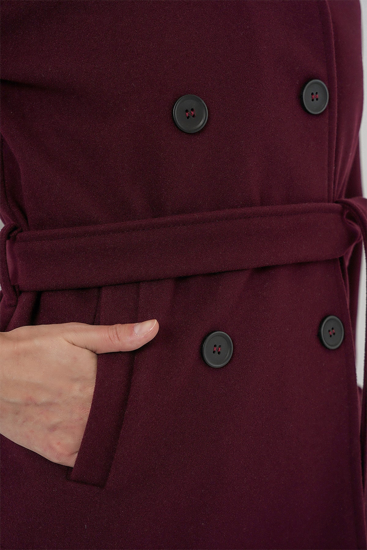Kadın Kuşaklı Kaşe Kaban 9162 - Bordo