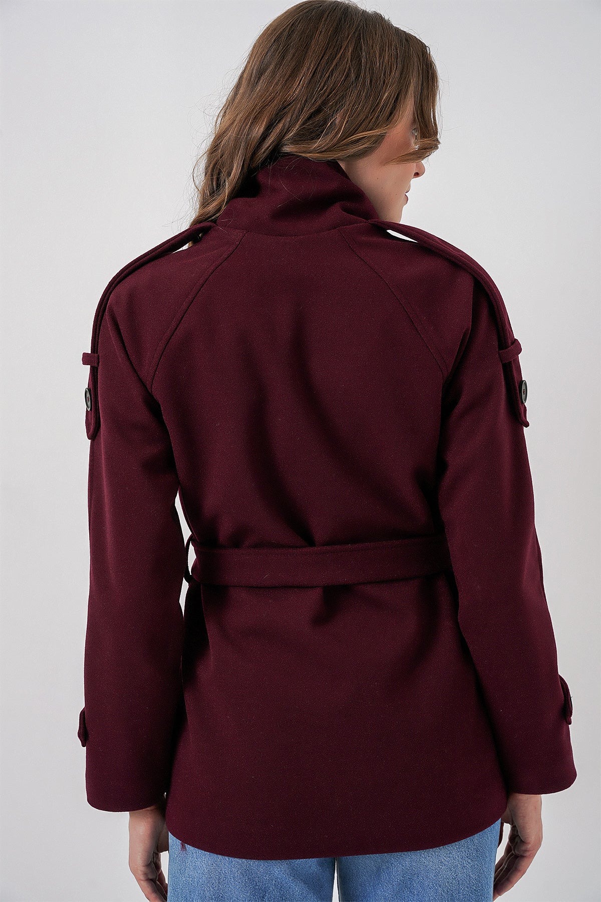 Kadın Kuşaklı Kaşe Kaban 9162 - Bordo