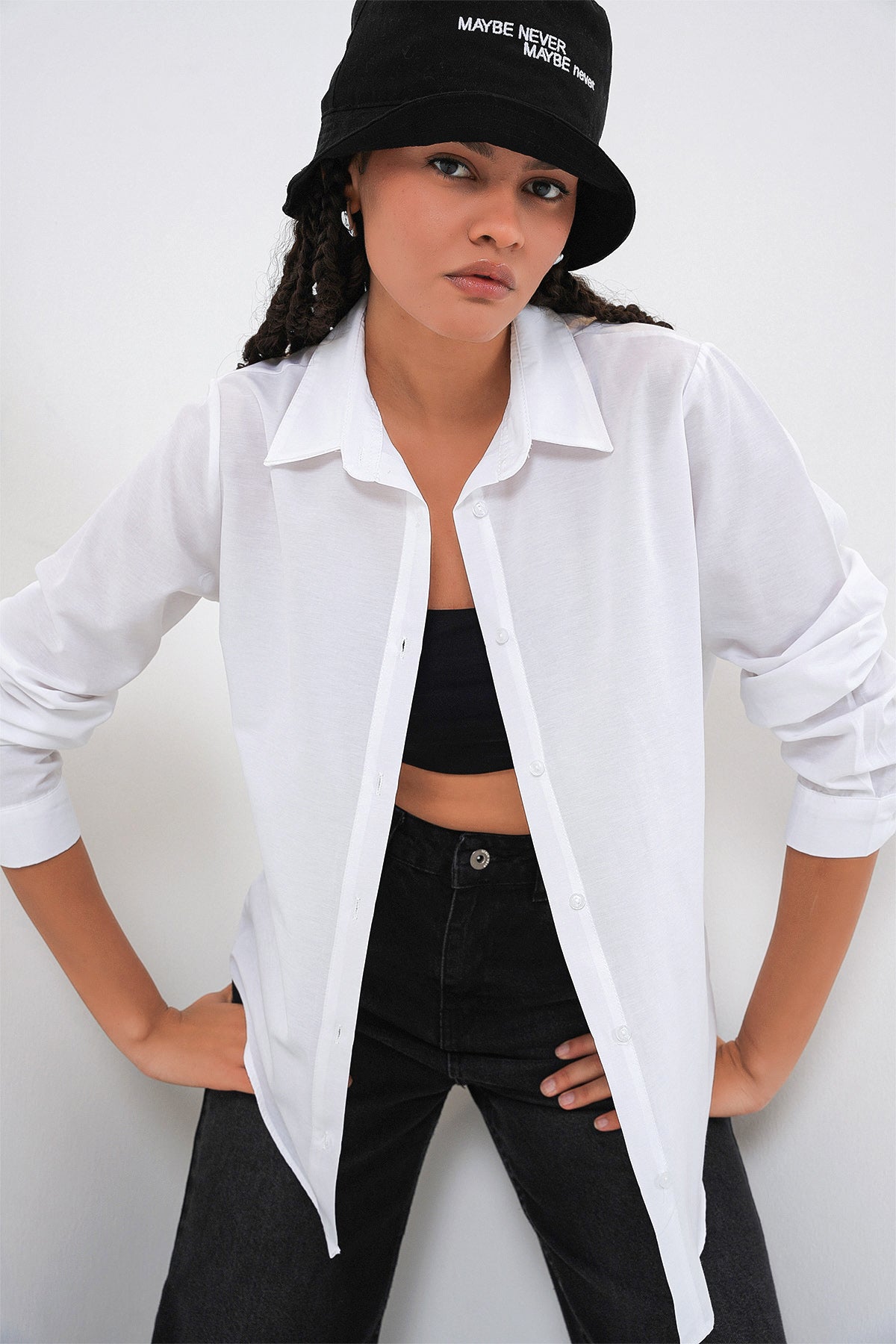 Kadın Oversize Basic Gömlek 20349 - Beyaz