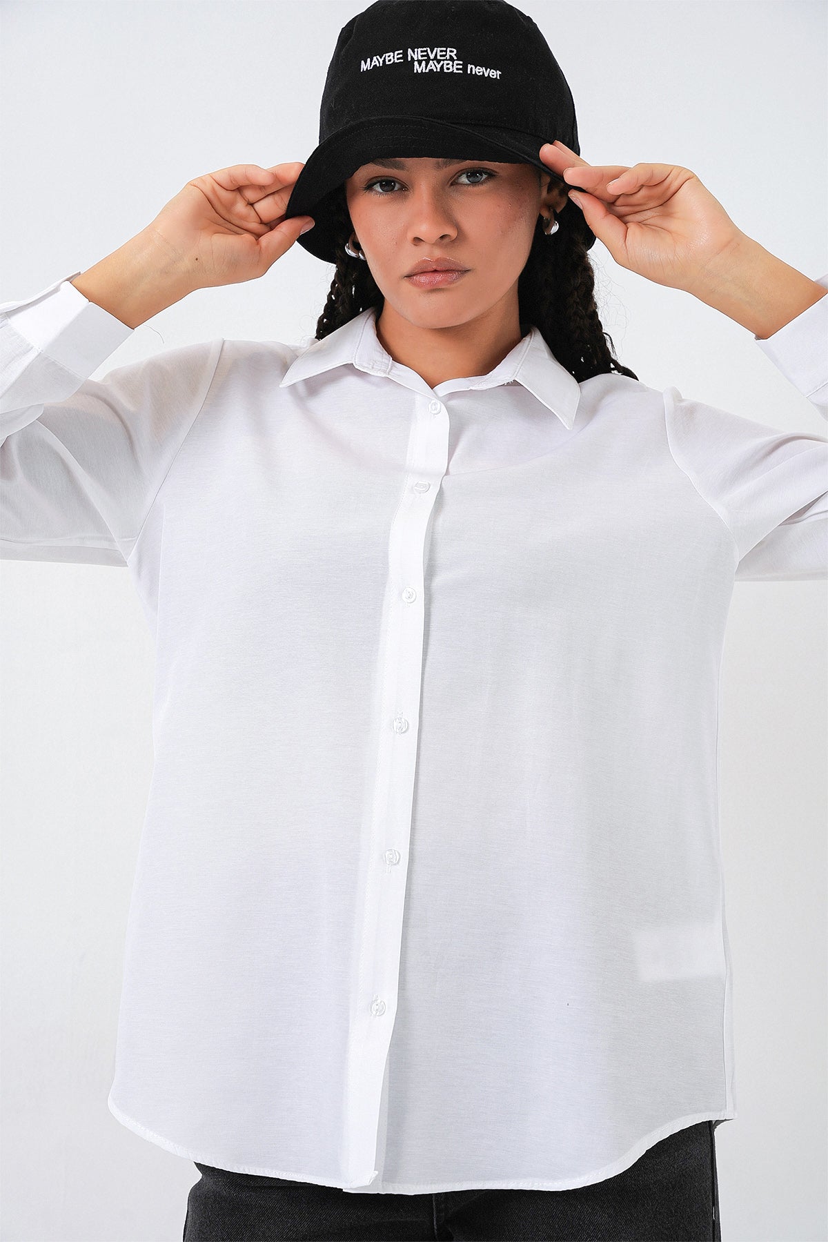 Kadın Oversize Basic Gömlek 20349 - Beyaz