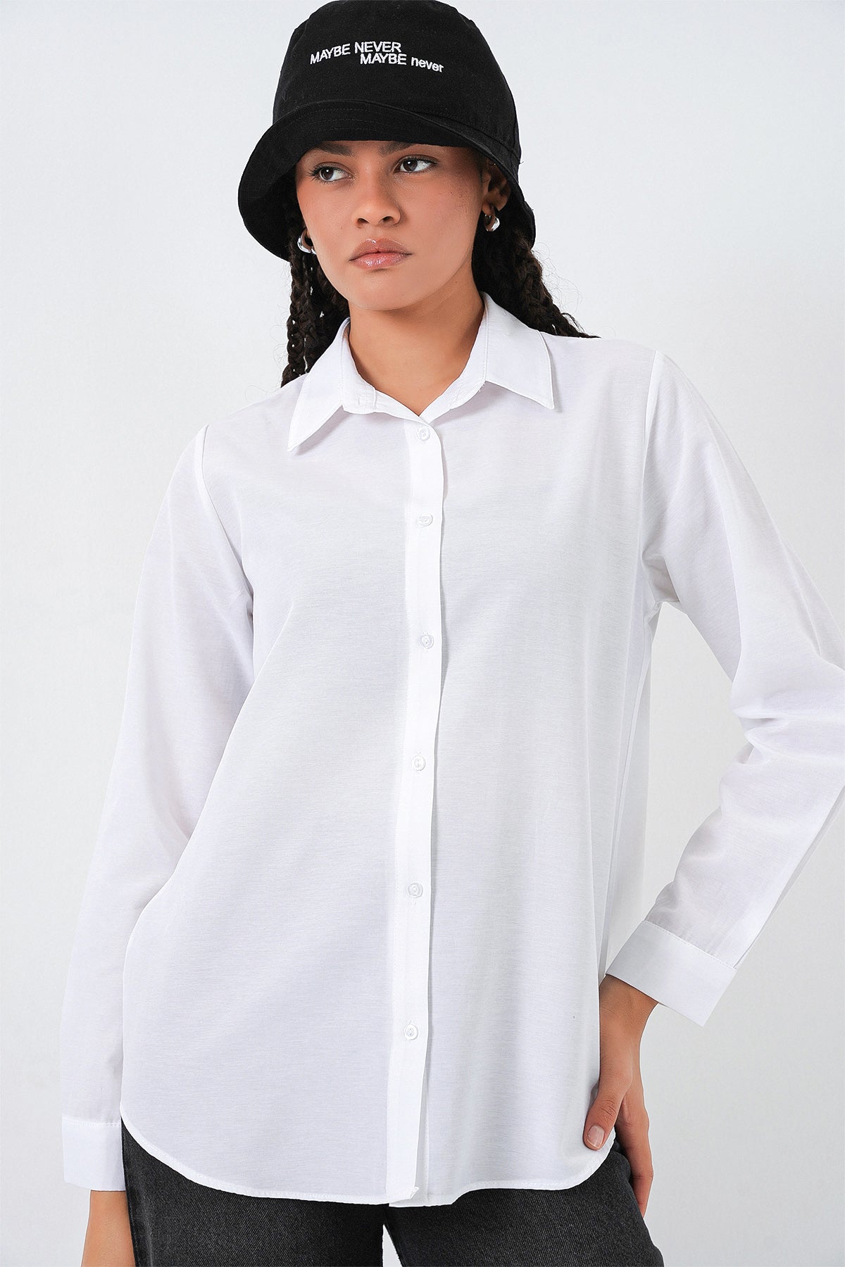Kadın Oversize Basic Gömlek 20349 - Beyaz