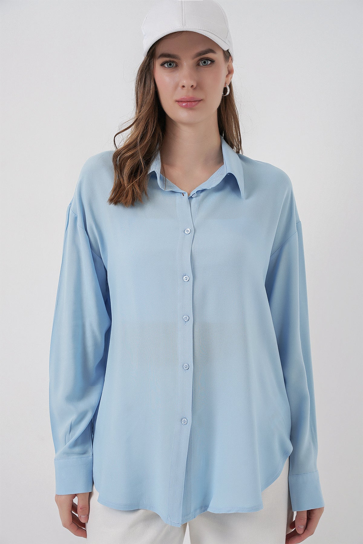 Kadın Oversize Viskon Gömlek 3785 - Açık Mavi