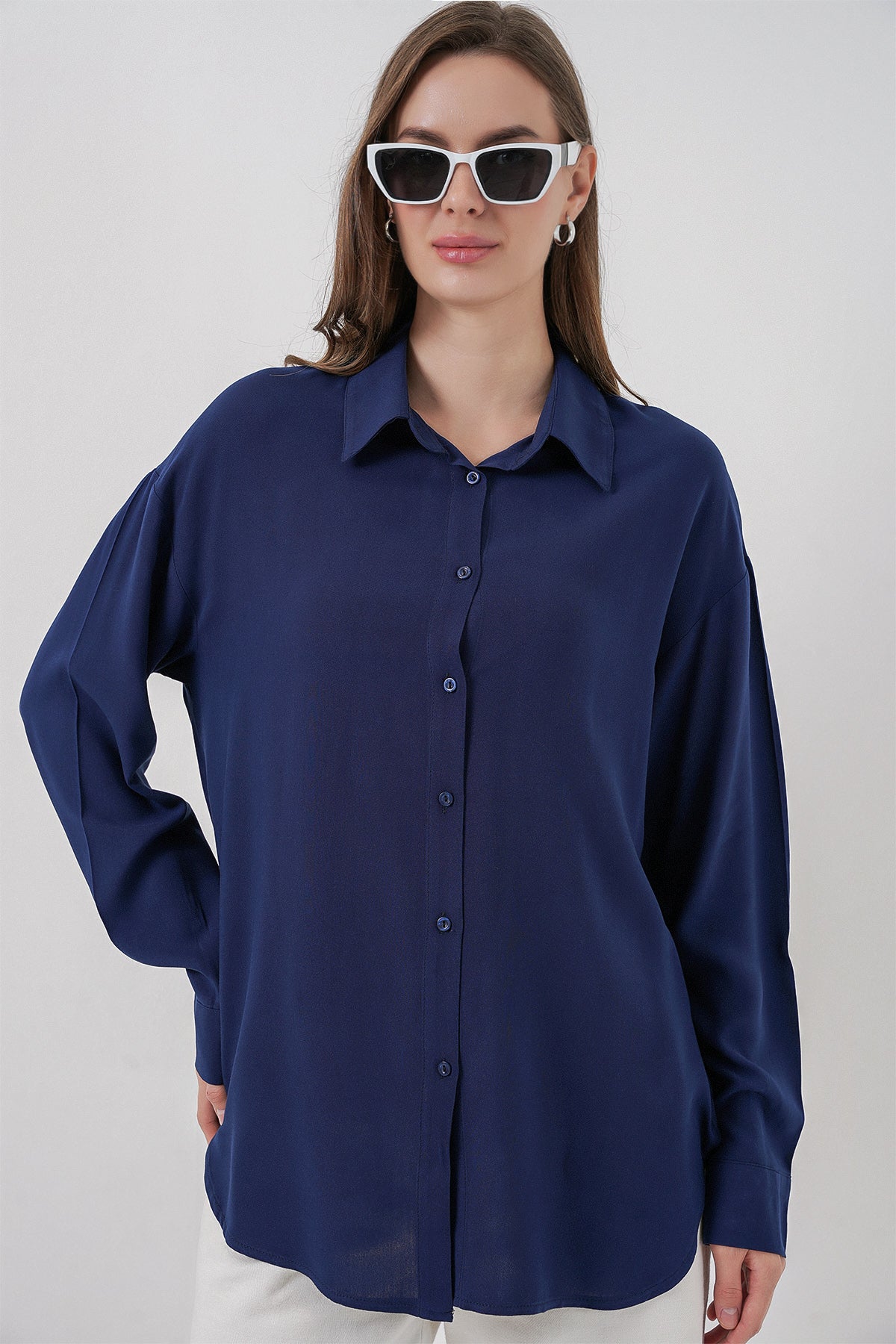 Kadın Oversize Viskon Gömlek 3785 - Lacivert