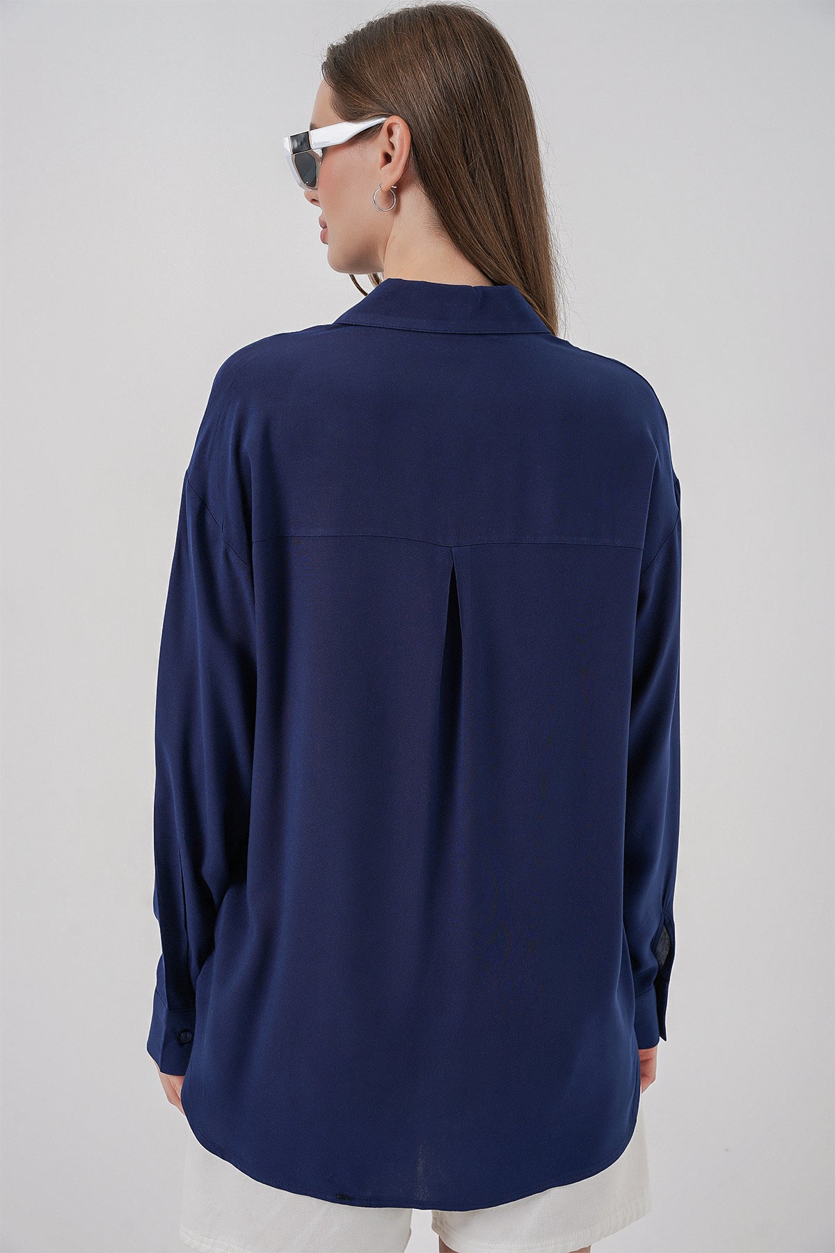 Kadın Oversize Viskon Gömlek 3785 - Lacivert