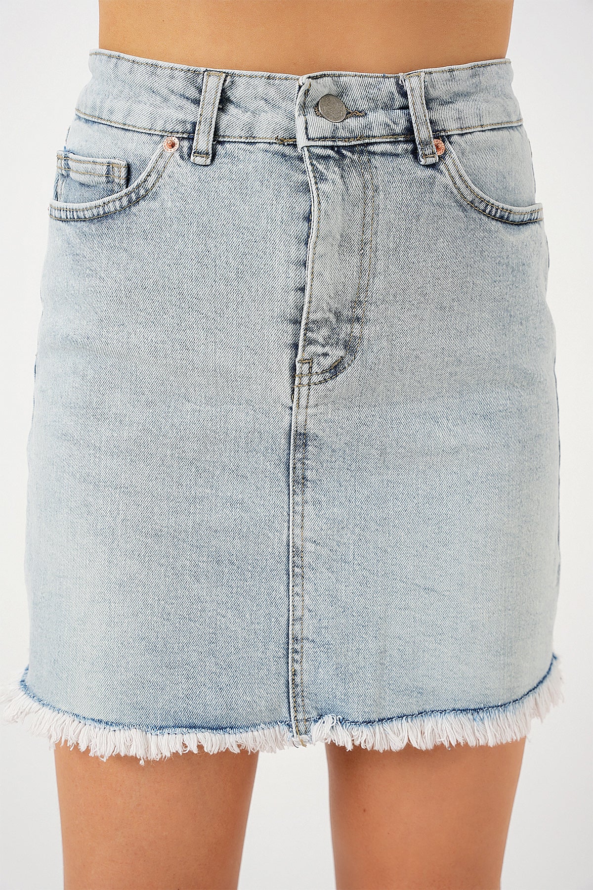 Fustă Mini Din Denim Cu Ciucuri Damă 8051 - Albastru