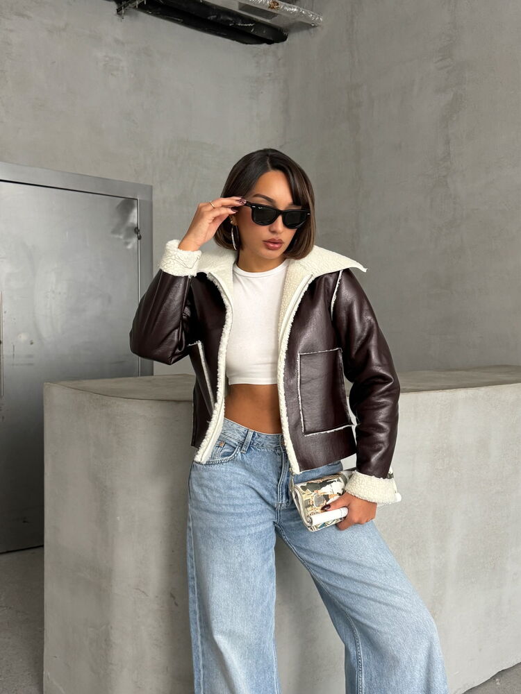 Wholesale Laminated Leather Zippered Jacket - Coffee Cream
