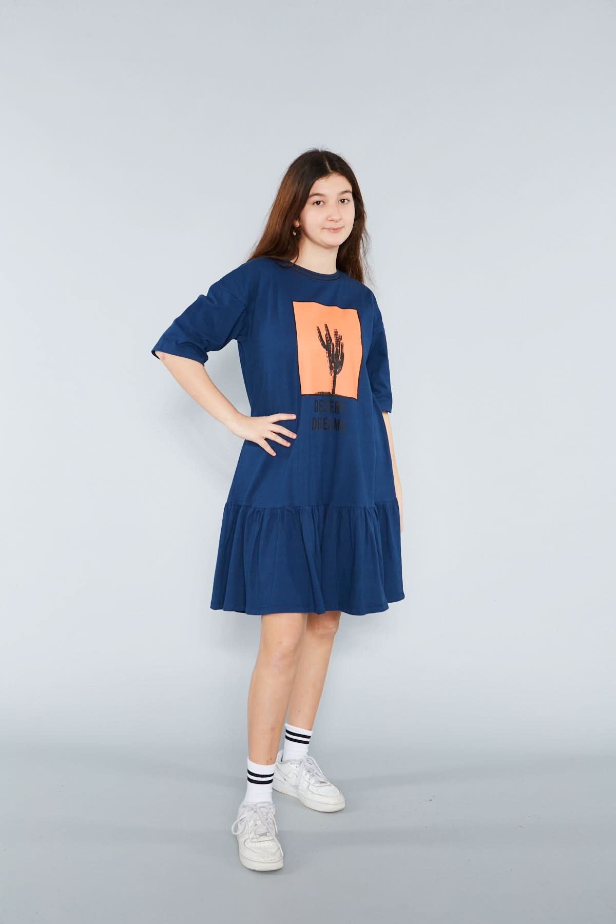 Kız Çocuk Çöl Desenli Elbise | 9–15 Yaş | RG Brand | RG3291 - LACİVERT