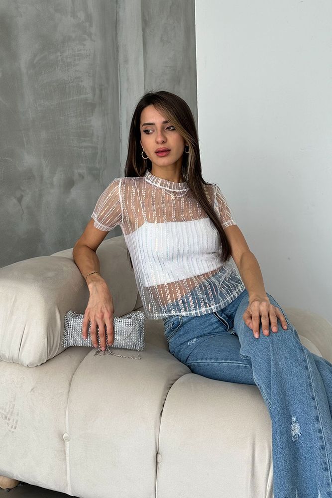Topshow Cream Sequin Tulle Wholesale T-shirt