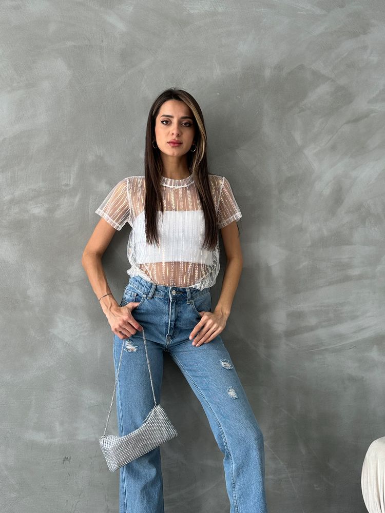 Topshow Cream Sequin Tulle Wholesale T-shirt