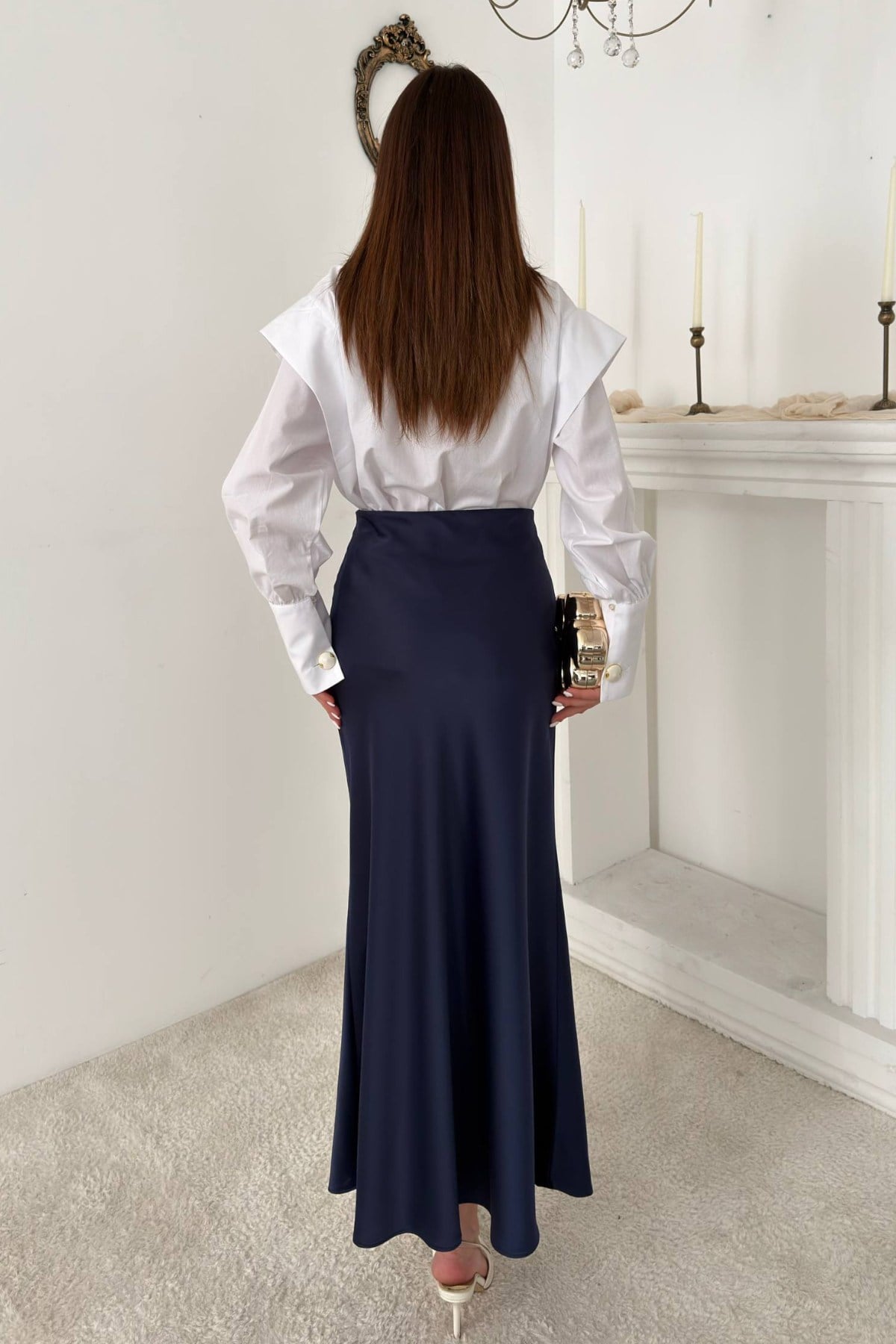 Fustă din satin bleumarin