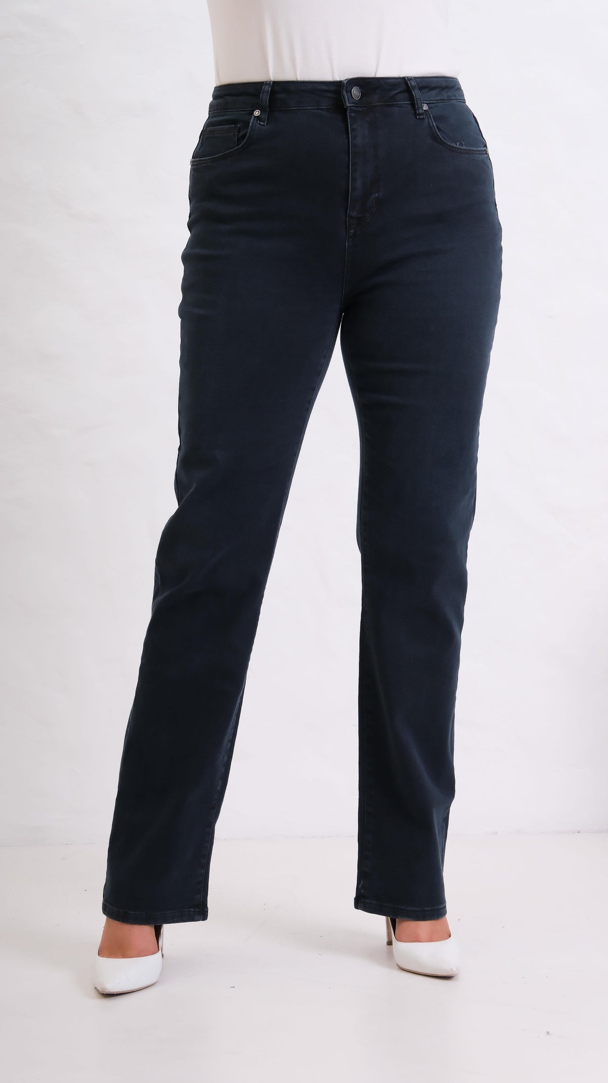 Pantalon Jean Albastru-Negru Talie Înaltă Plus Size Cărări Țeavă