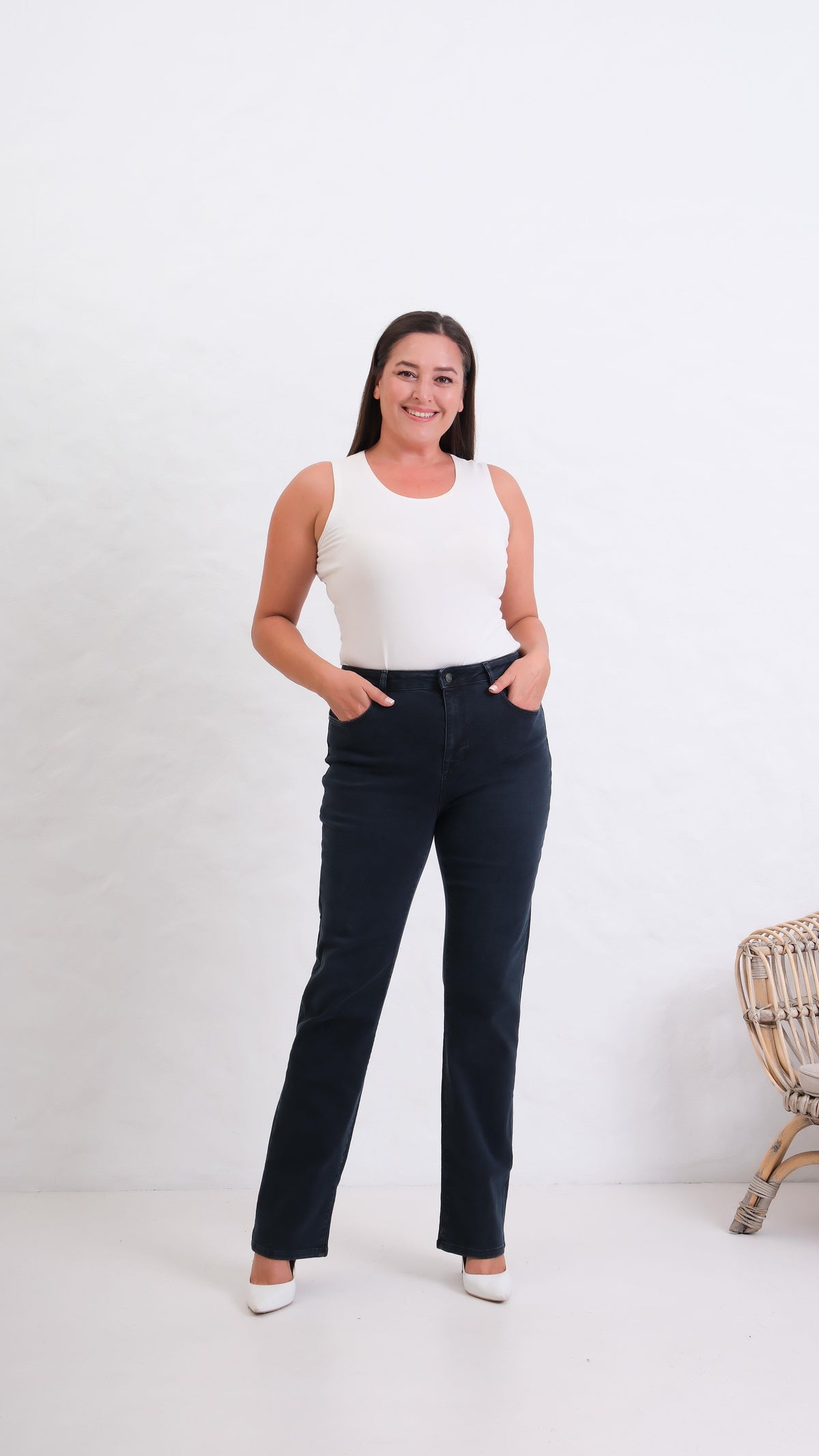Pantalon Jean Albastru-Negru Talie Înaltă Plus Size Cărări Țeavă