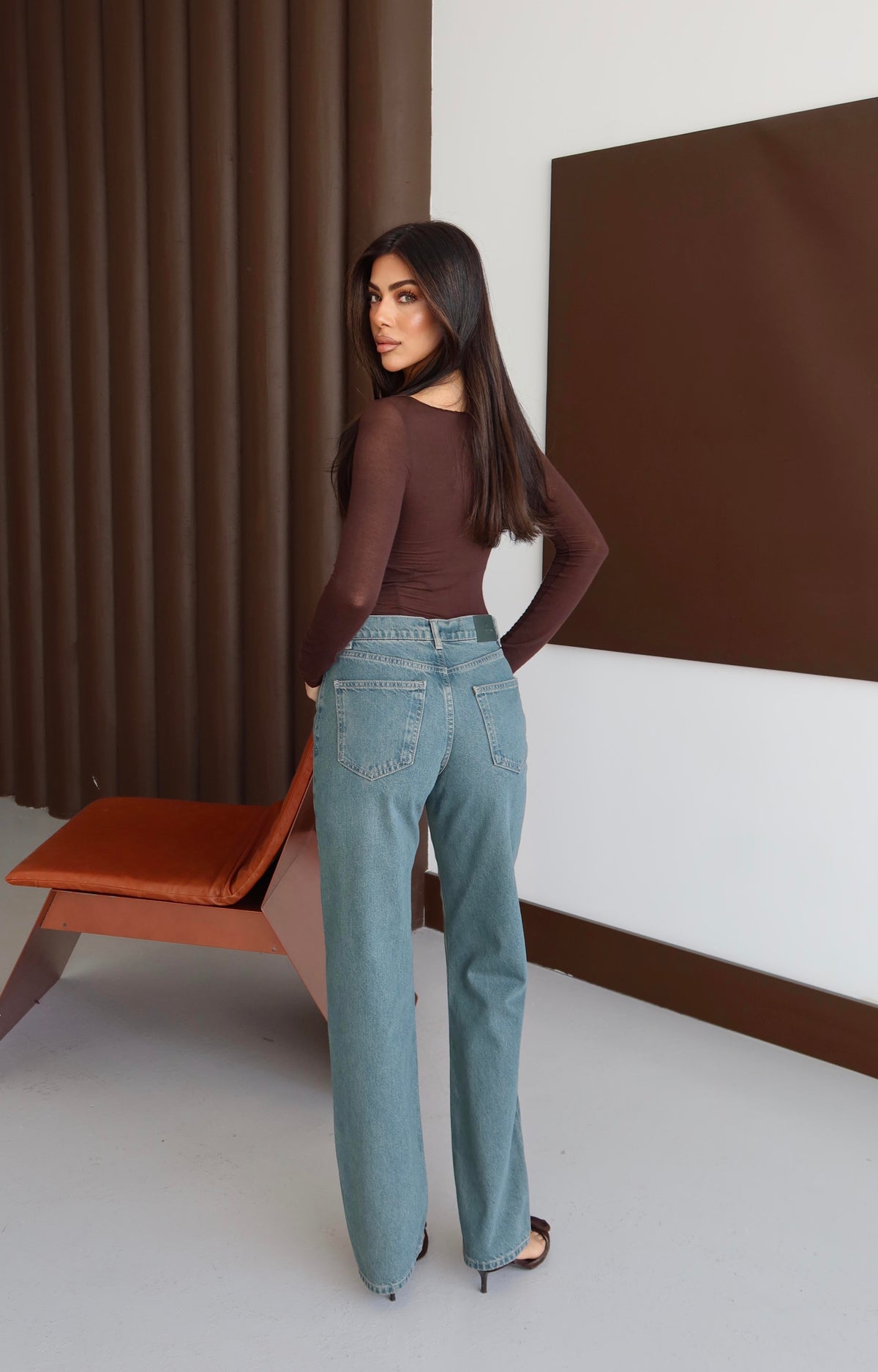 Pantaloni denim cu talie înaltă, drepți, cu nuanțe verzi