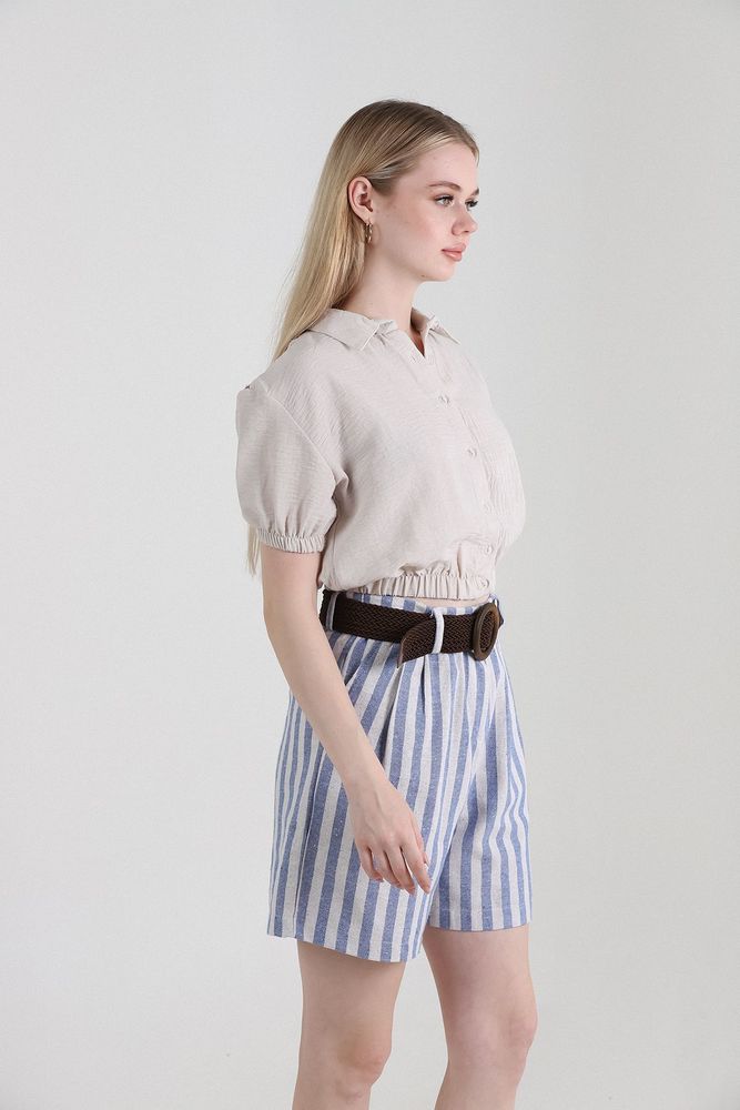 Topshow Blue Striped Belted Linen Wholesale Shorts