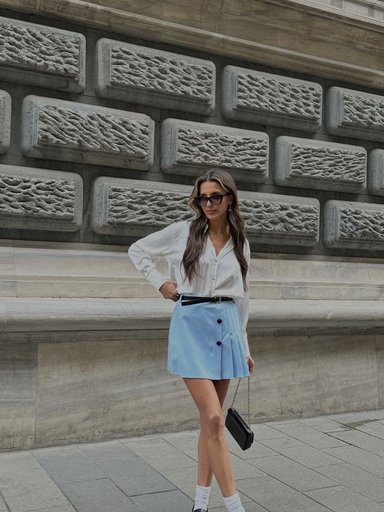 Pleated Skirt with Belt Detail - Blue | TOPSHOW