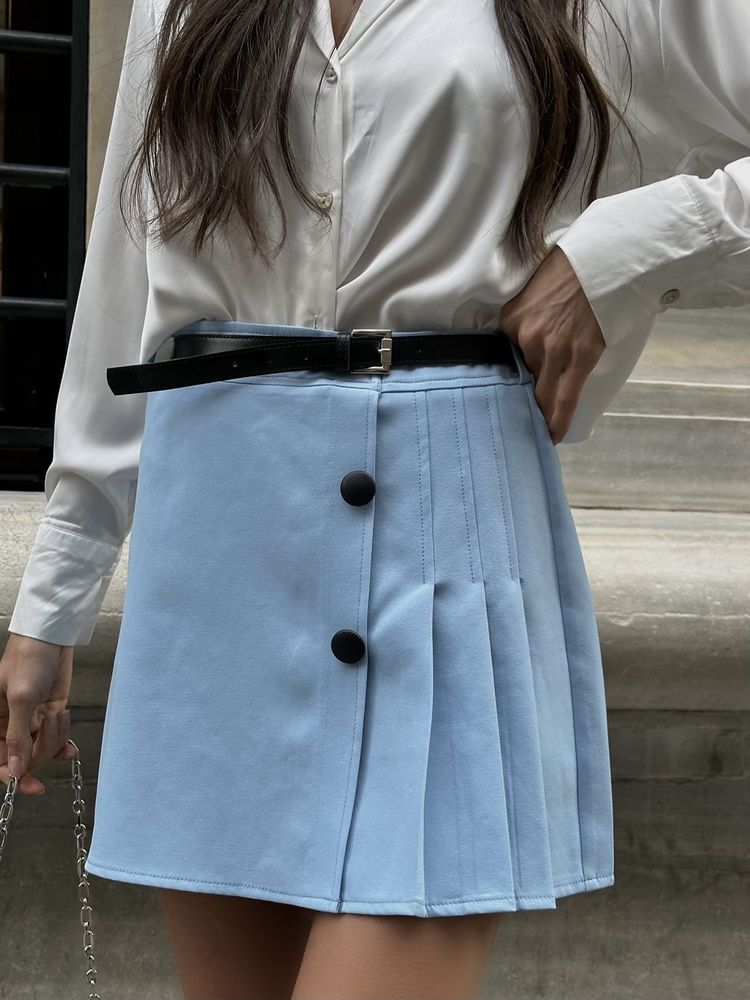 Pleated Skirt with Belt Detail - Blue | TOPSHOW