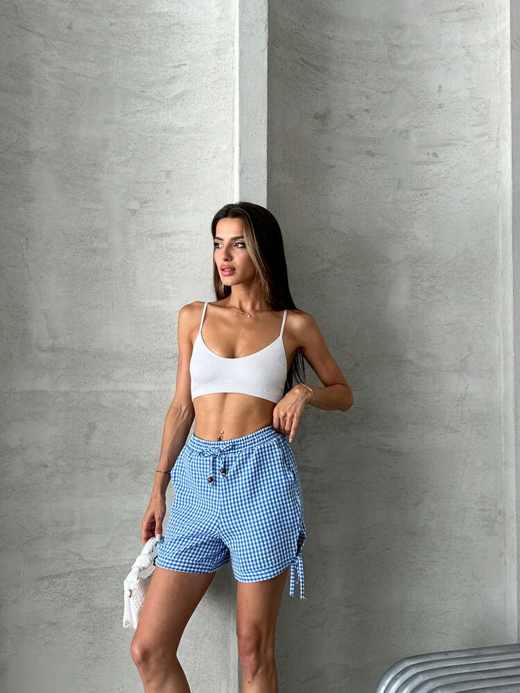 Topshow Blue Gingham Wholesale Shorts with Side Lacing