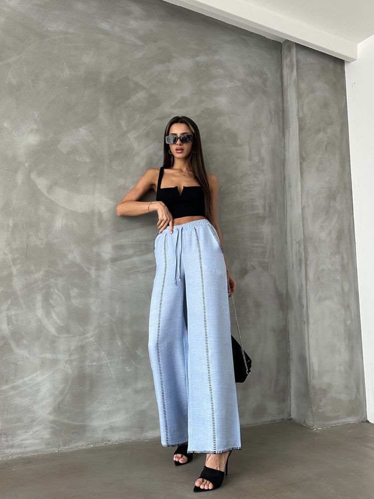 Pantaloni drepți din in brodat, en-gros - Albastru
