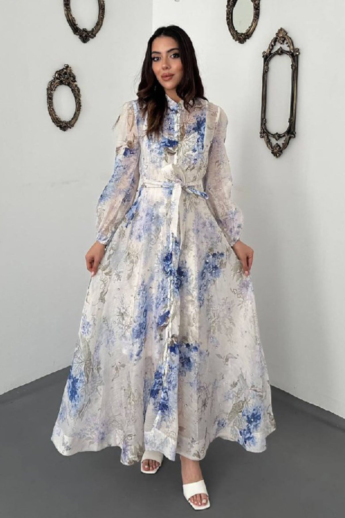 Blue Rhinestone Floral Patterned Dress