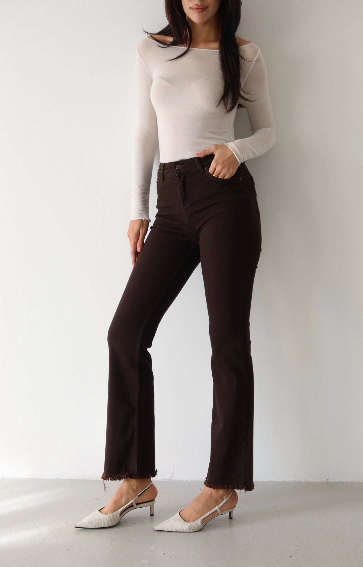 Pantalon Jean Mini Flare Maro Închis