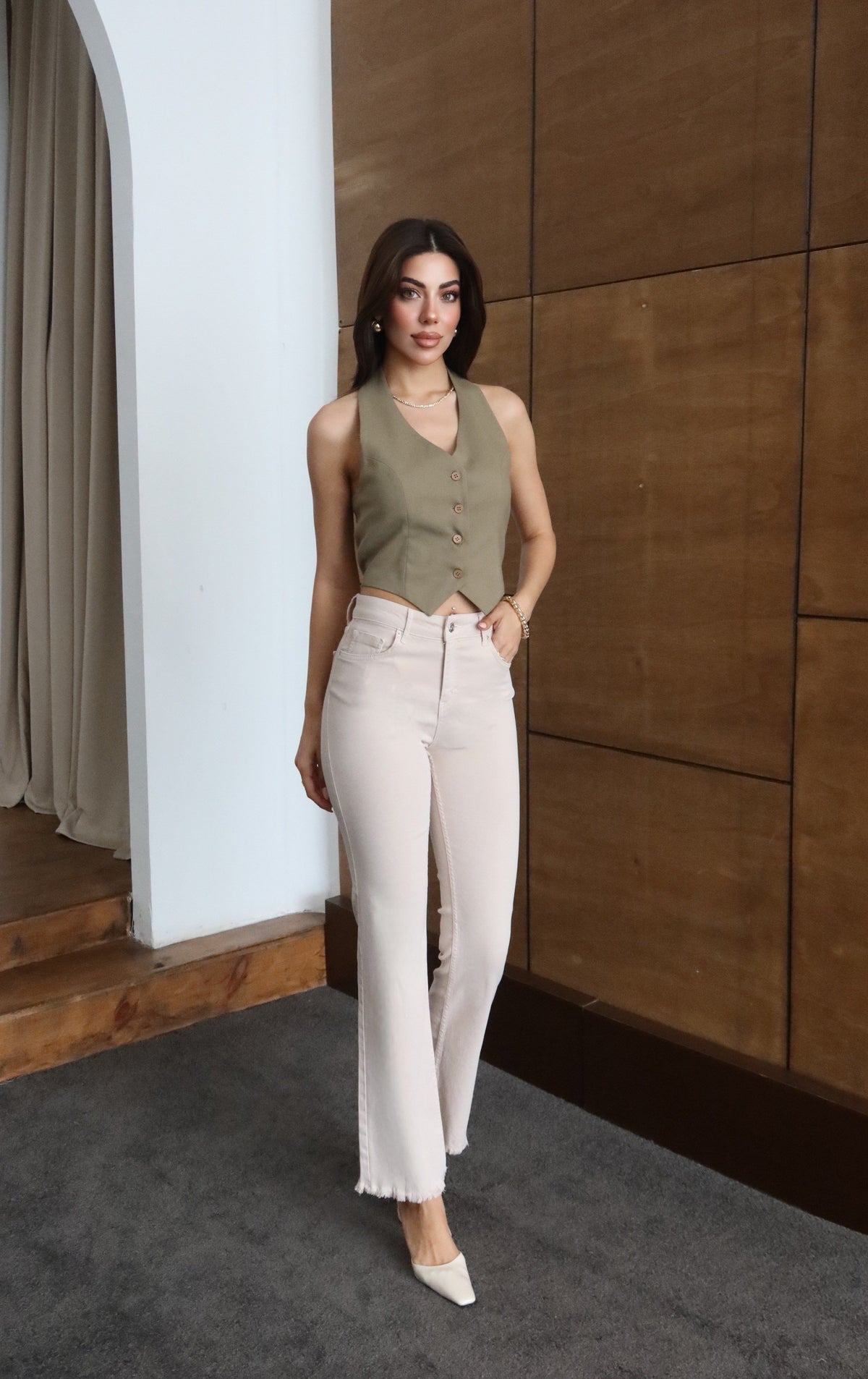 Pantaloni Jean Bej cu Talie Înaltă, Crac cu Ciucure și Mărime Extra