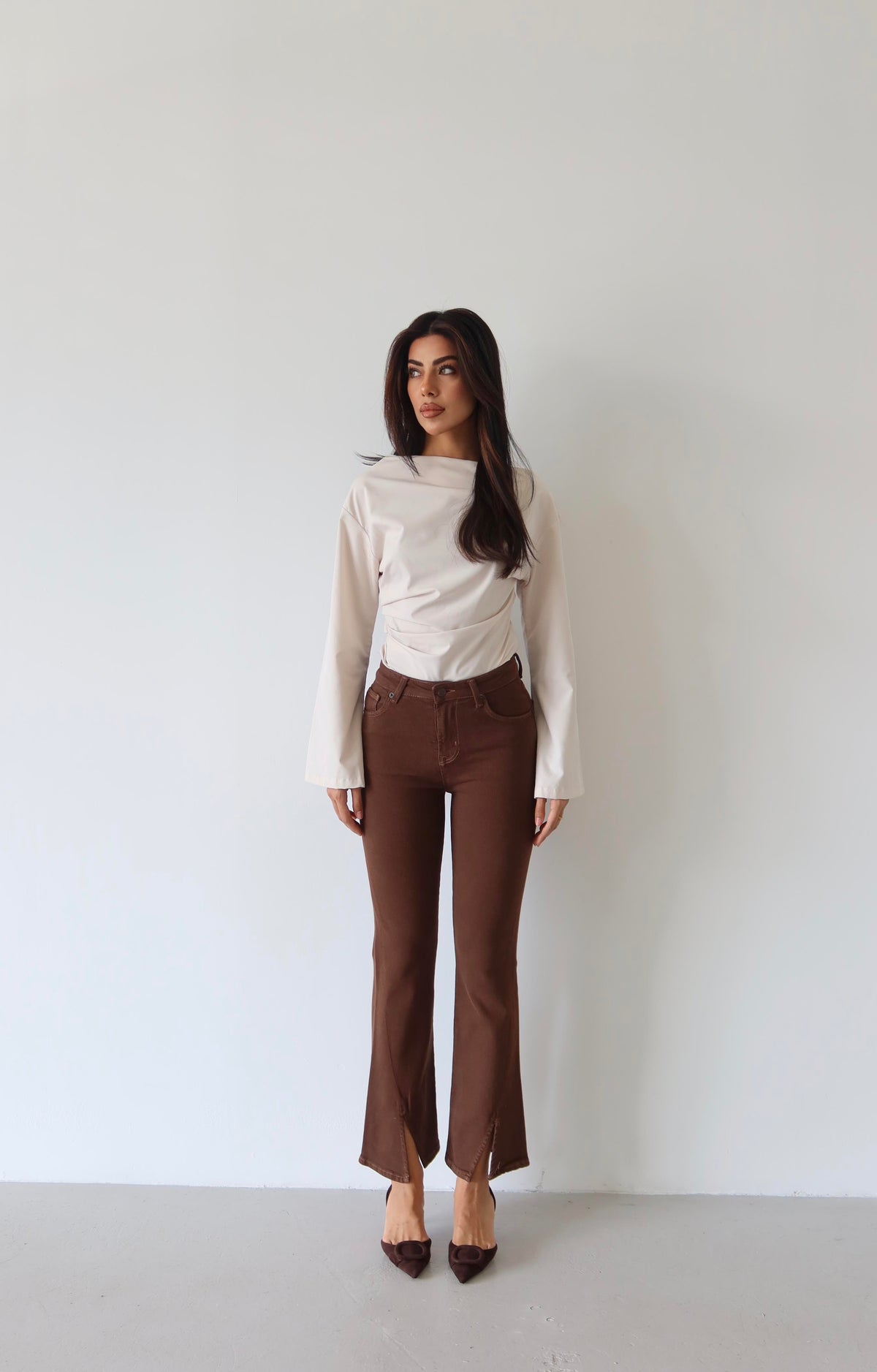 High-waisted Cropped Detail Coffee Jean Pants