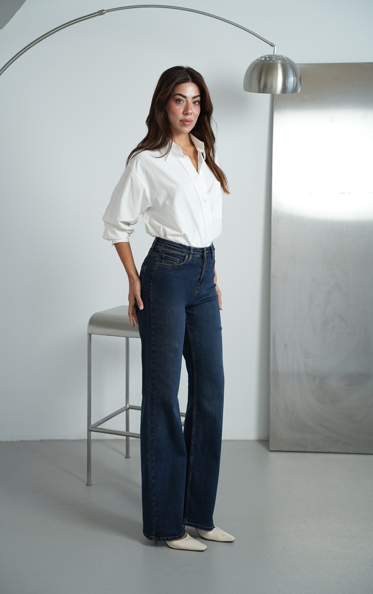 Yüksek Bel bol Paça Dark Blue Tint Jean Pantolon