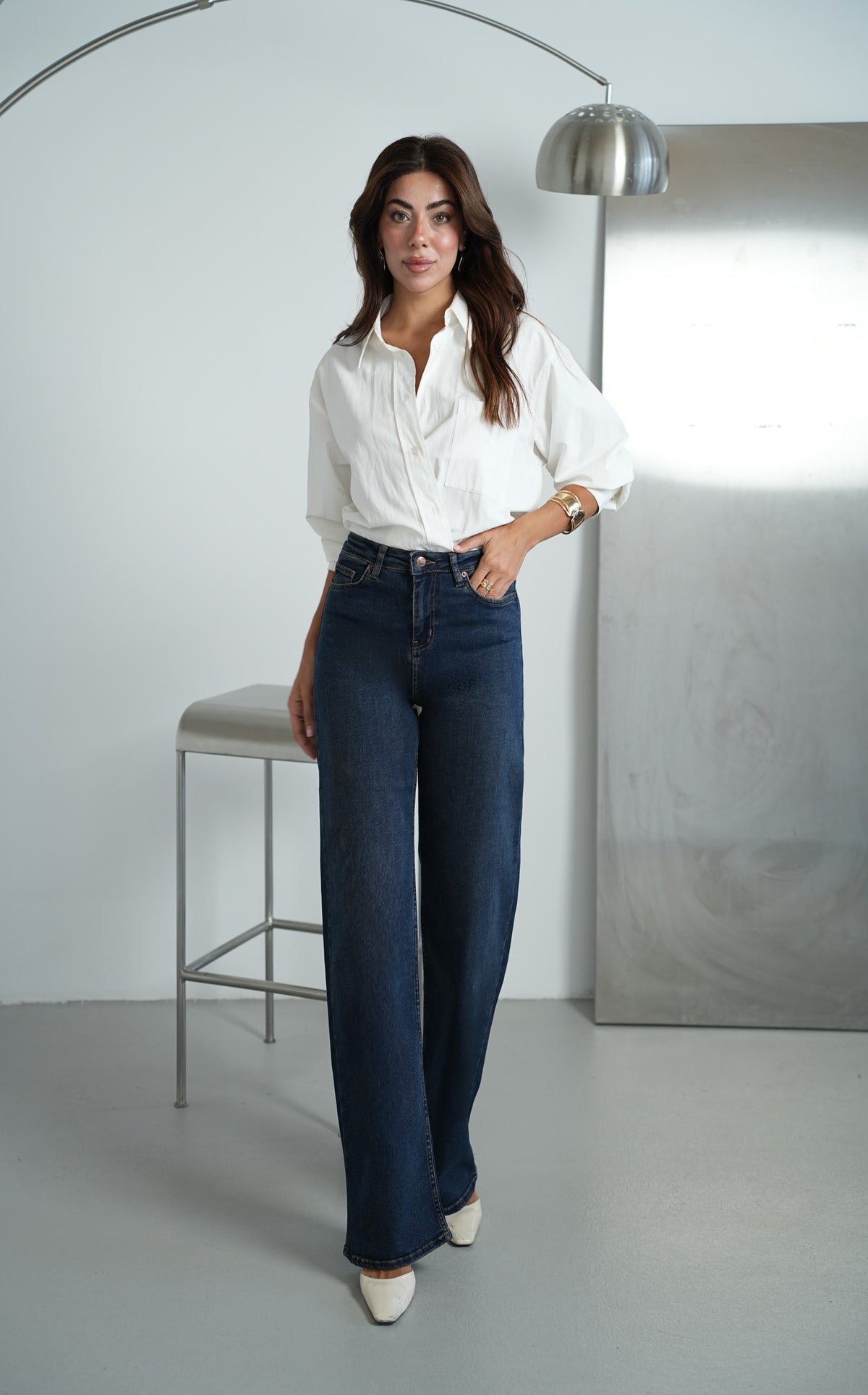 Yüksek Bel bol Paça Dark Blue Tint Jean Pantolon