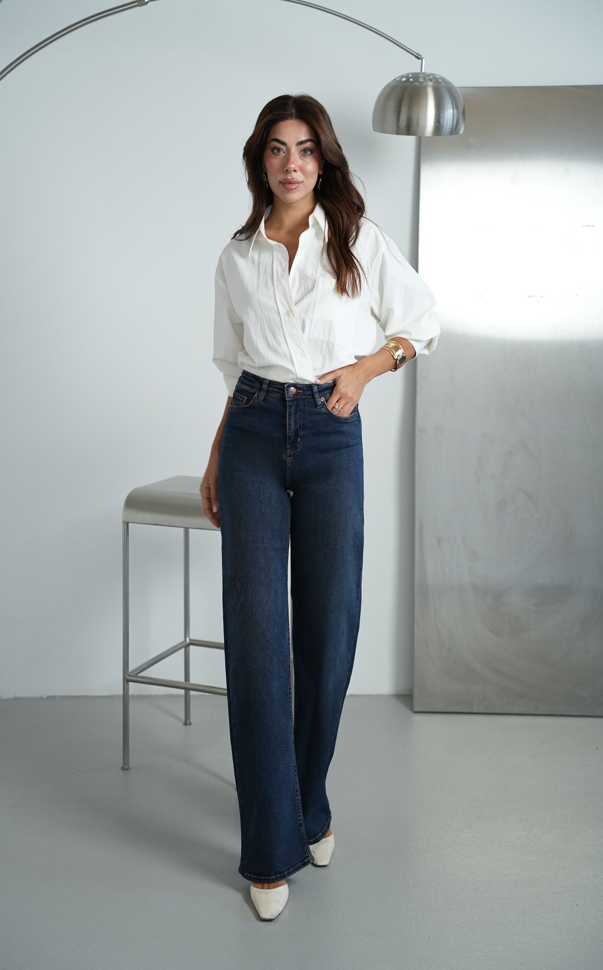 Yüksek Bel bol Paça Dark Blue Tint Jean Pantolon