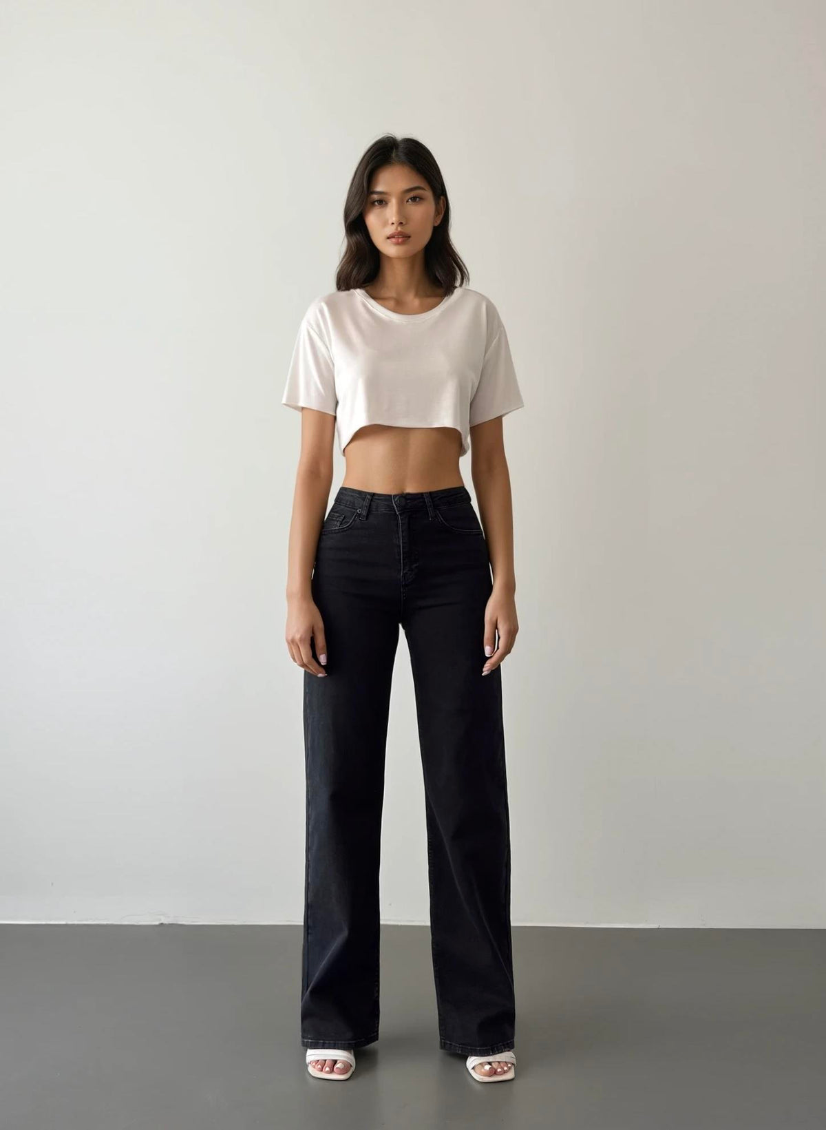 High-Waisted Wide-Leg Anthracite Jean Trousers