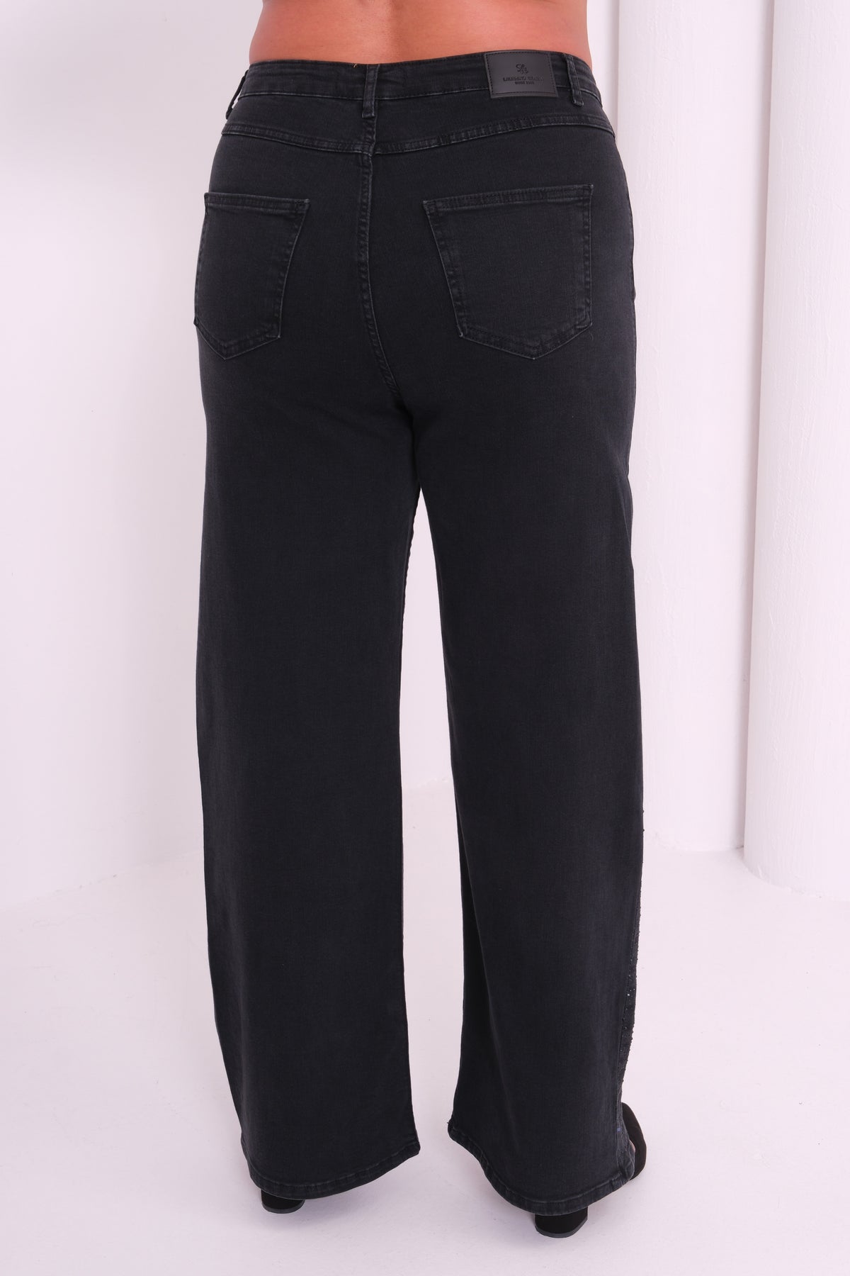 High Waist Straight Leg Plus Size Black Rhinestone Embellished Jeans