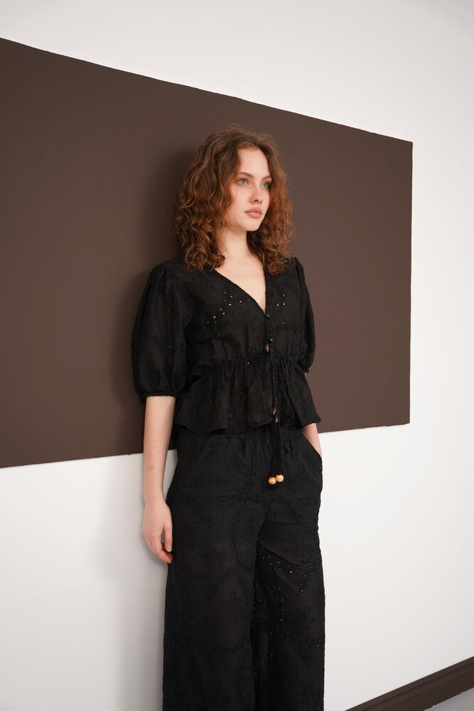 Embroidered Voile Blouse with Front Tie - Black | D2820 - Topshow