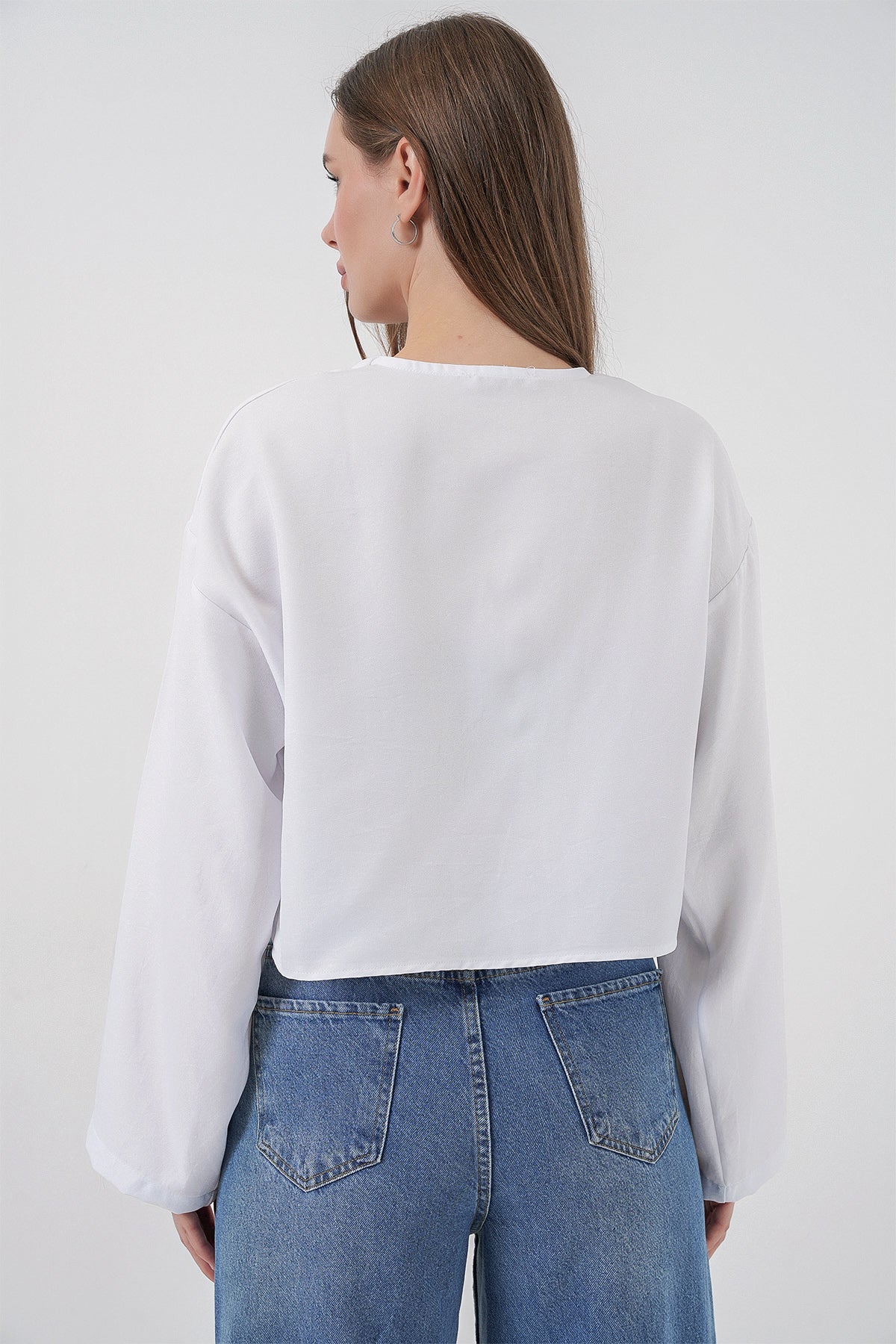 Önü Bağlamalı Keten Kimono 960 - Beyaz