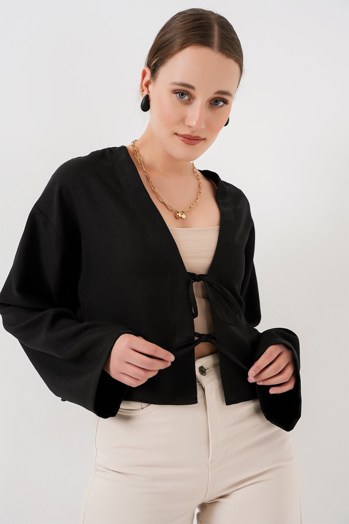 Kimono Linen Cu Legare Frontală 960 - Negru