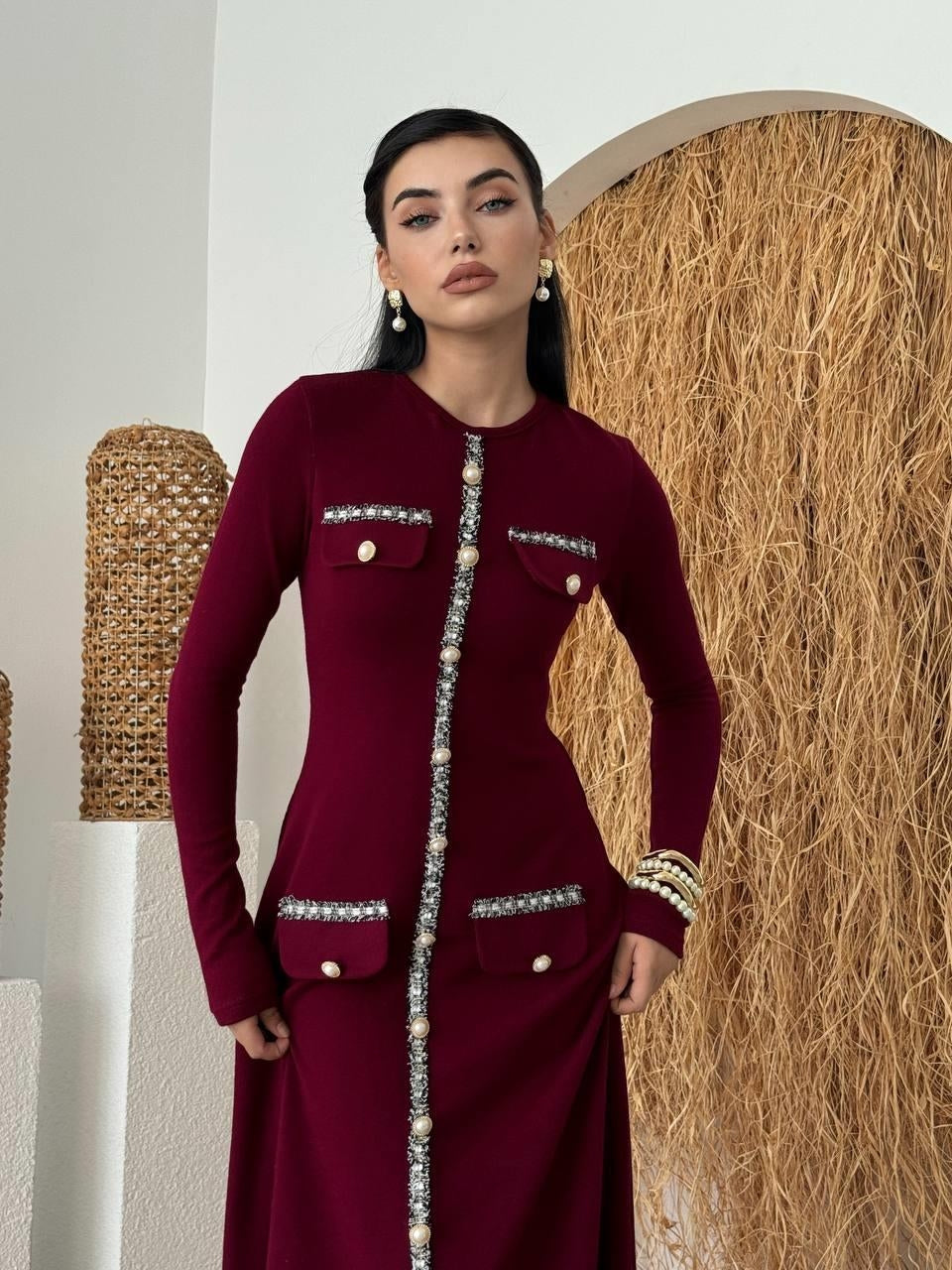 Orla Düğme Detaylı Elbise