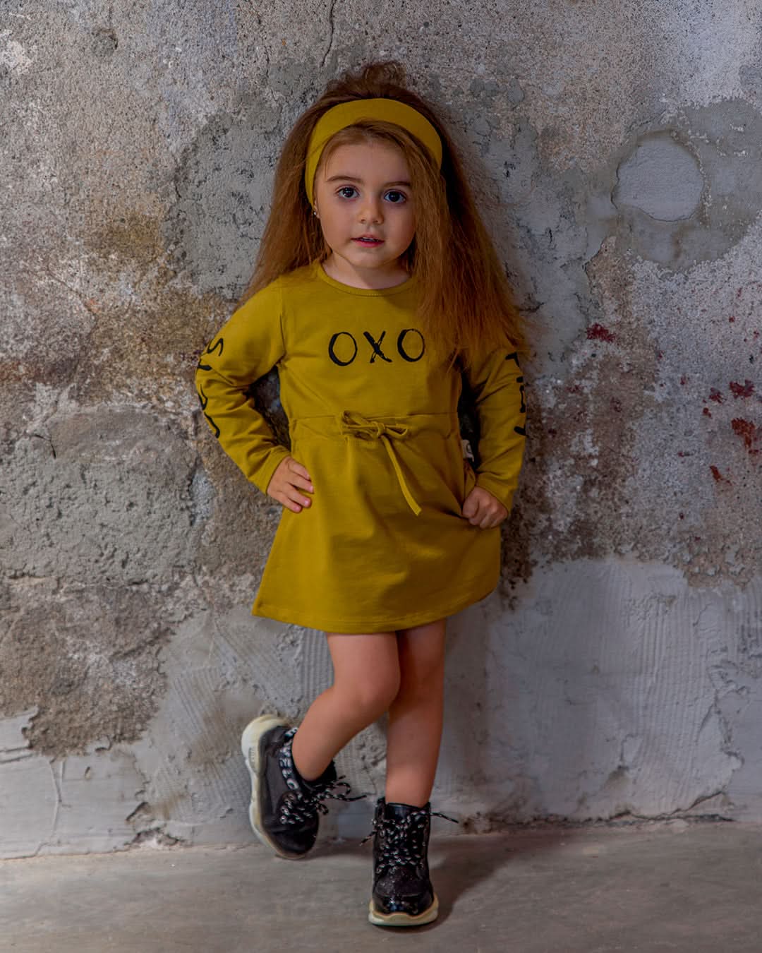 OXO Baskı Desenli Bebek Elbisesi ve Saç Bandı | RG Brand | 6 Ay–4 Yaş | RG225 - HARDAL