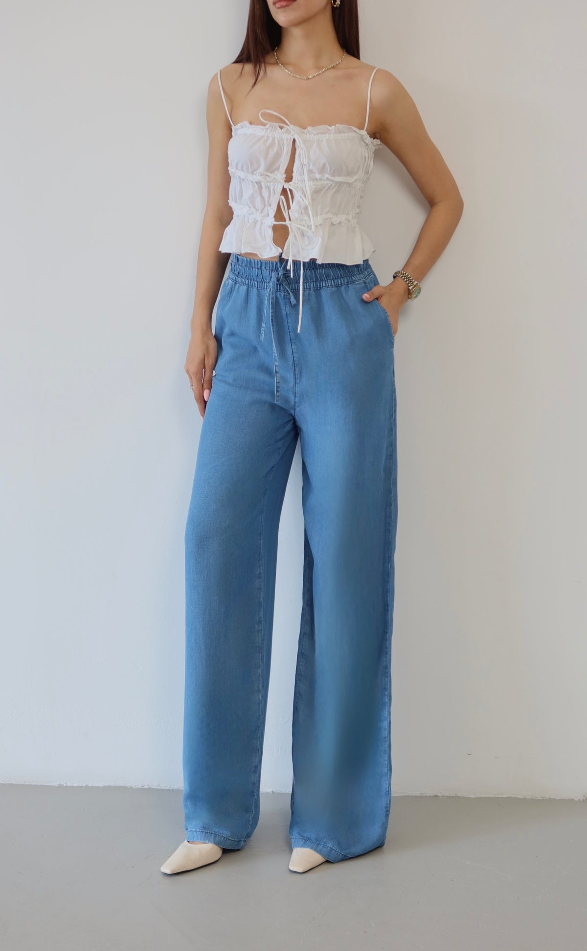 Pantaloni Palazzo Light Blue cu Talie Înaltă și Bandă Elastică