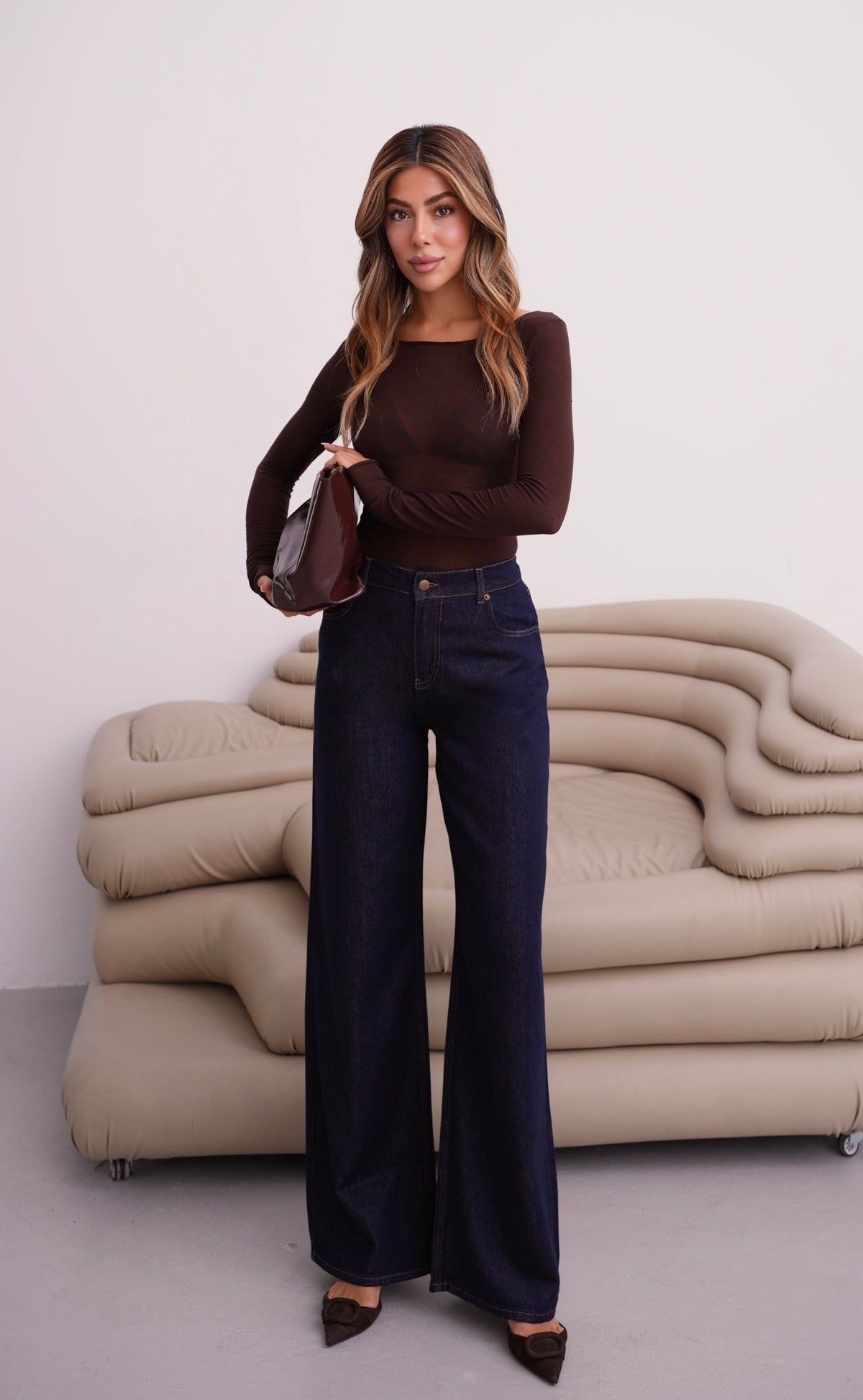 Yüksek Bel Bol Kesim Bel Lastik Detaylı Rinse Palazzo Jean Pantolon